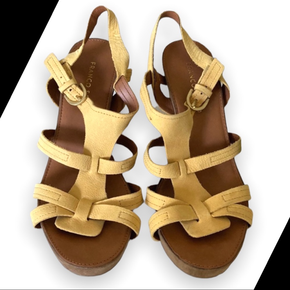FRANCO SARTO Shoes Womens 9.5 Yellow Leather Wedge Sandals Wedding Casual Boho
